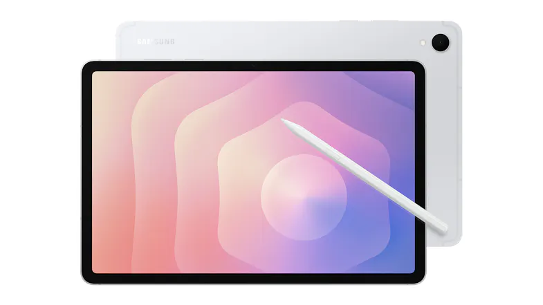 Front and back views of Samsung tablet with stylus and a single rear camera Front and back views of Samsung tablet with stylus and a single rear camera