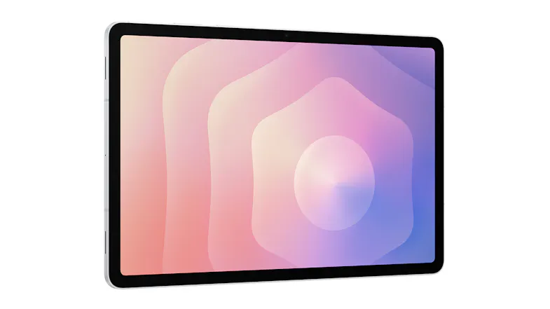 Silver tablet with thin bezels shown at slight angle Silver tablet with thin bezels shown at slight angle