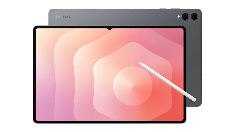 A view of an Android tablet’s front and back with a stylus sitting on top A view of an Android tablet’s front and back with a stylus sitting on top