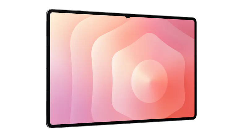 A right-facing angled front view of the tablet A right-facing angled front view of the tablet