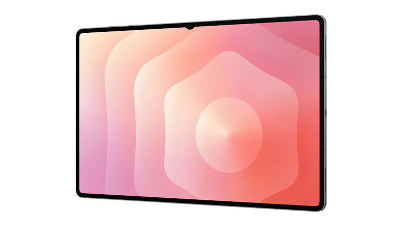 A left-facing angled front view of the tablet A left-facing angled front view of the tablet