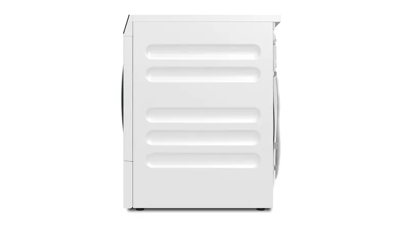 Side view of the smart washing machine with a textured white panel featuring horizontal grooves Side view of the smart washing machine with a textured white panel featuring horizontal grooves