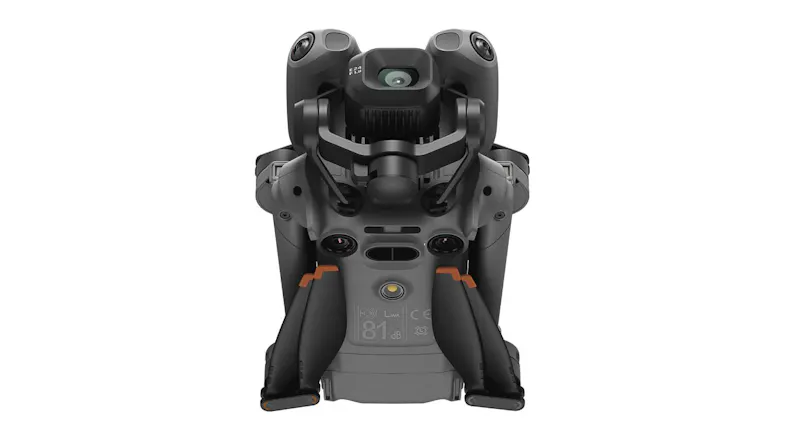 Top-down view of folded drone highlighting symmetrical design and sensors Top-down view of folded drone highlighting symmetrical design and sensors