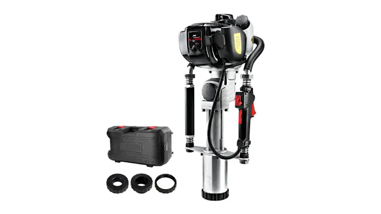 Giantz post hole driver displayed with a carrying case and three adapter sleeves for different post sizes Giantz post hole driver displayed with a carrying case and three adapter sleeves for different post sizes