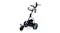 An electric golf pushcart in black and blue with 3 wheels, a handlebar, a mesh basket, and storage compartments An electric golf pushcart in black and blue with 3 wheels, a handlebar, a mesh basket, and storage compartments