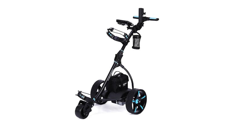 An electric golf pushcart in black and blue with 3 wheels, a handlebar, a mesh basket, and storage compartments An electric golf pushcart in black and blue with 3 wheels, a handlebar, a mesh basket, and storage compartments