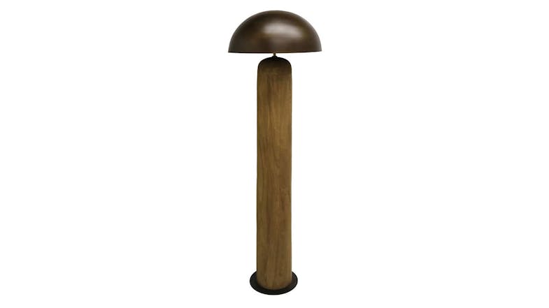 A wooden floor lamp with an iron, mushroom-shaped top A wooden floor lamp with an iron, mushroom-shaped top