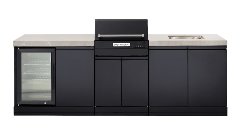 Modern outdoor kitchen, grey benchtop with a built-in stainless steel electric grill, single fridge and sink Modern outdoor kitchen, grey benchtop with a built-in stainless steel electric grill, single fridge and sink