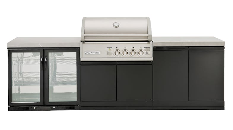 Modern outdoor kitchen, grey benchtop with a built-in stainless steel gas grill, double fridge and ample cabinet storage Modern outdoor kitchen, grey benchtop with a built-in stainless steel gas grill, double fridge and ample cabinet storage