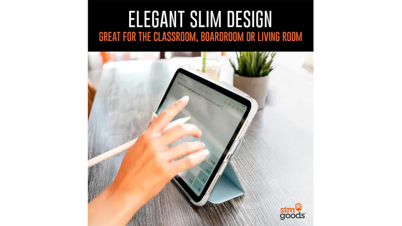 A person using the iPad in a horizontal viewing position, with text mentioning the case’s elegant slim design A person using the iPad in a horizontal viewing position, with text mentioning the case’s elegant slim design