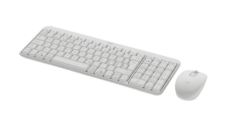 Angled view of off white Logitech keyboard and mouse showing slim design and key arrangement Angled view of off white Logitech keyboard and mouse showing slim design and key arrangement