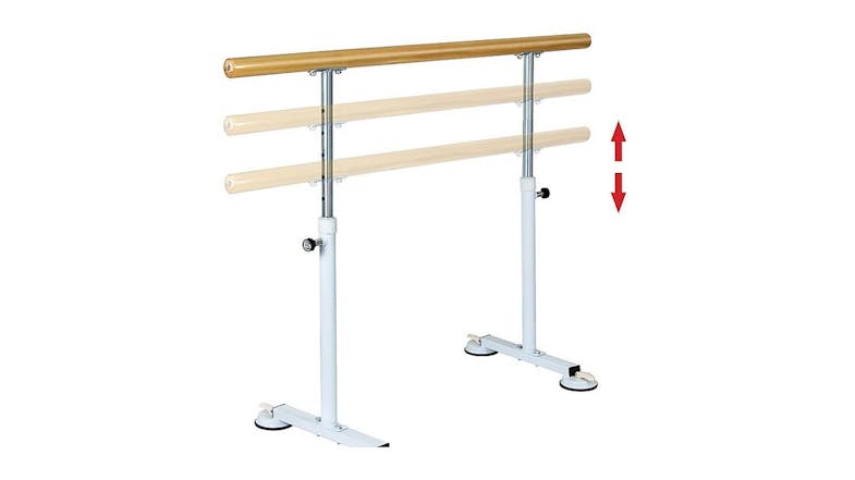 Adjustable ballet barre with three height settings and red arrows showing its movement Adjustable ballet barre with three height settings and red arrows showing its movement