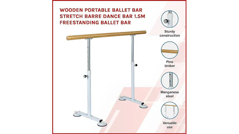 Wooden portable ballet bar with metal frame, 1.5m freestanding design, sturdy build, pine timber, and versatile use features Wooden portable ballet bar with metal frame, 1.5m freestanding design, sturdy build, pine timber, and versatile use features