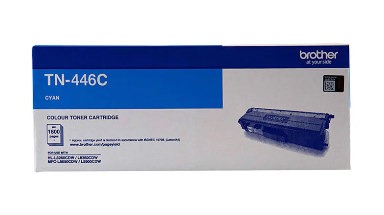 A box packaging of the Brother TN446 cyan toner cartridge A box packaging of the Brother TN446 cyan toner cartridge