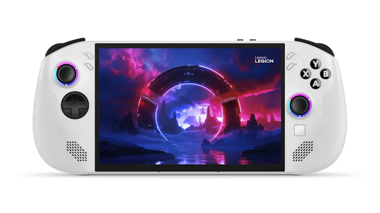 Front view of a white Lenovo Legion Go S handheld gaming console with colourful display Front view of a white Lenovo Legion Go S handheld gaming console with colourful display