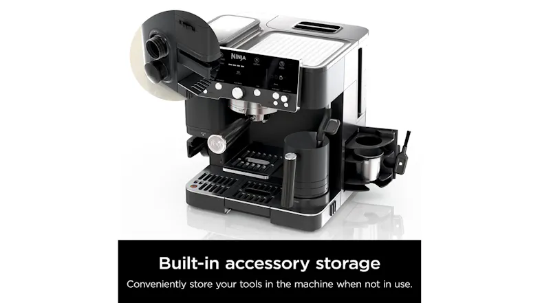 An infographic that includes a text which highlights the machine's built-in accessory storage An infographic that includes a text which highlights the machine's built-in accessory storage