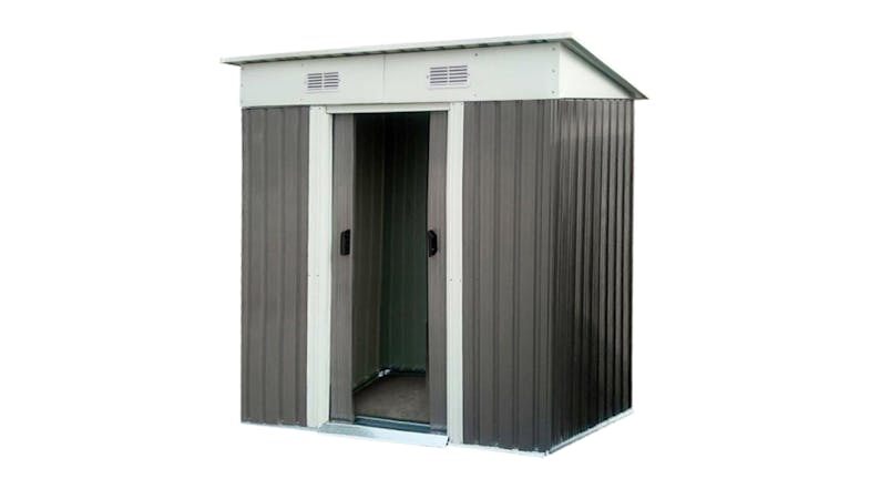 A small grey metal shed with a slanted roof and open double doors A small grey metal shed with a slanted roof and open double doors