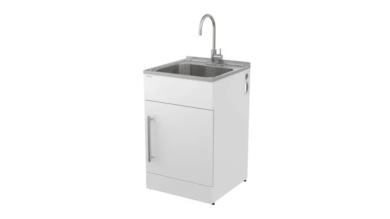 Side view of the white laundry tub showing the sink, faucet, and left-side handle Side view of the white laundry tub showing the sink, faucet, and left-side handle
