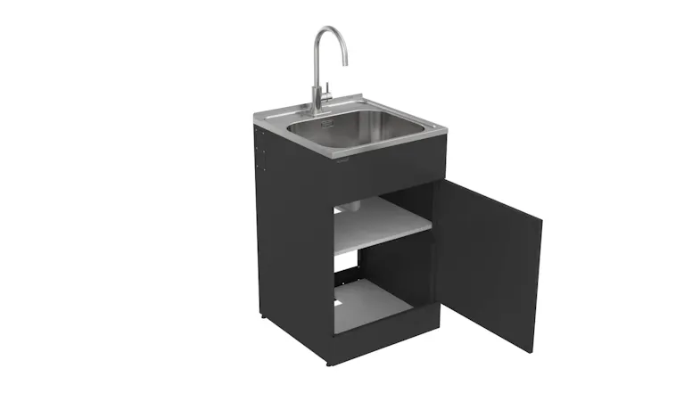 Open cabinet showing two interior shelves beneath the stainless steel supertub Open cabinet showing two interior shelves beneath the stainless steel supertub