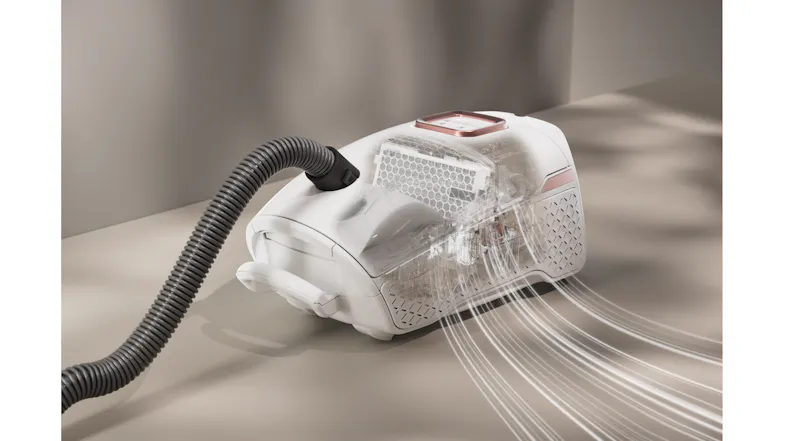 Diagram of a vacuum cleaner showing internal airflow and filtration system Diagram of a vacuum cleaner showing internal airflow and filtration system