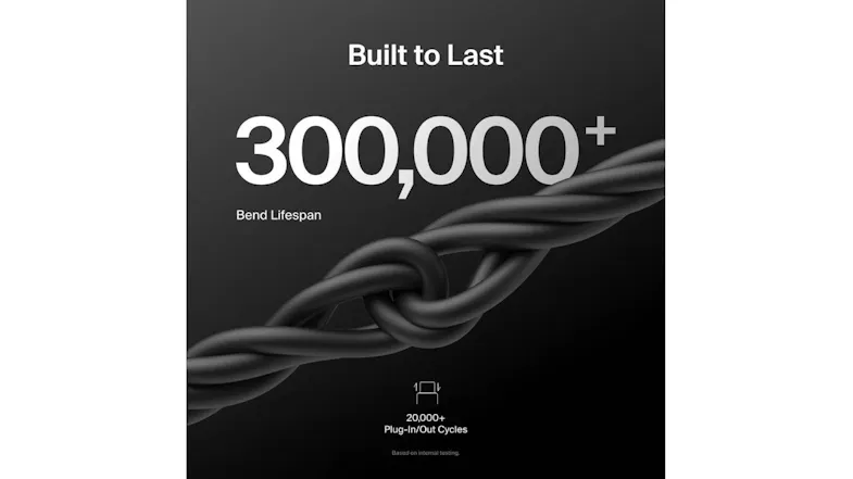 Braided cable with text showing 300,000+ bend lifespan Braided cable with text showing 300,000+ bend lifespan