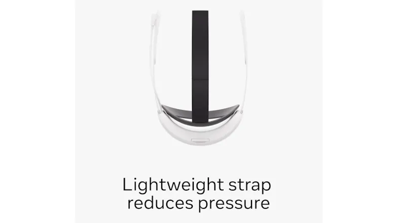 VR headset with black strap and white frame, text says “Lightweight strap reduces pressure” VR headset with black strap and white frame, text says “Lightweight strap reduces pressure”