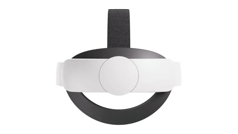 Front view of a white and black VR headset with a head strap and circular lens design Front view of a white and black VR headset with a head strap and circular lens design