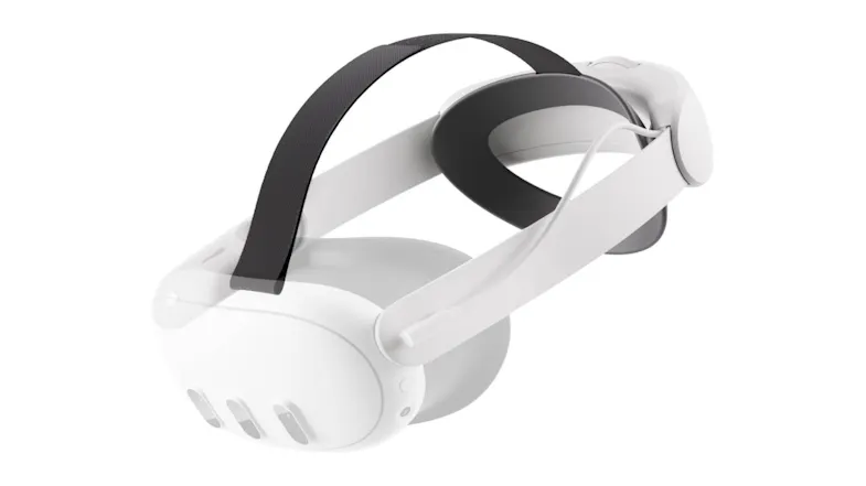 White VR headset with black adjustable strap and three front sensors White VR headset with black adjustable strap and three front sensors