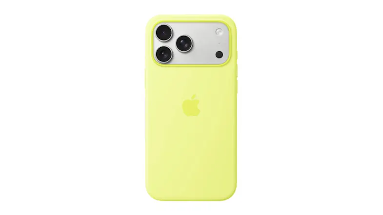 Back view of a neon yellow Apple Silicone Case with MagSafe featuring a silver iPhone 17 Pro Max Back view of a neon yellow Apple Silicone Case with MagSafe featuring a silver iPhone 17 Pro Max