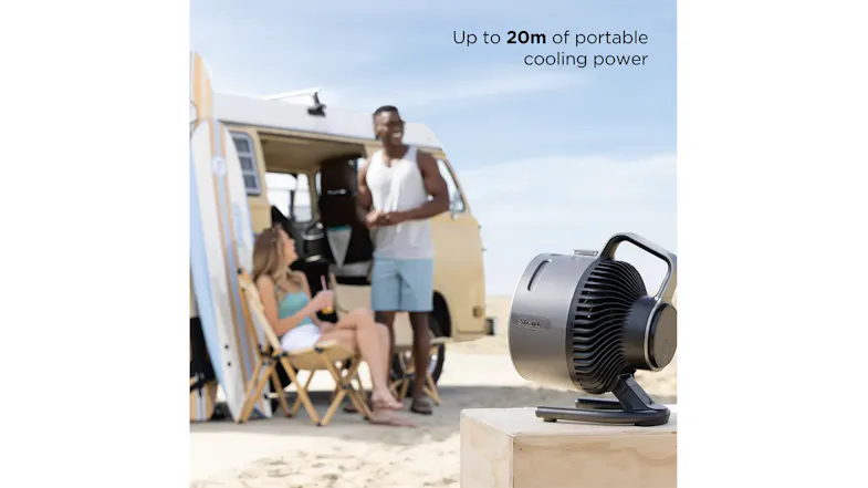 A portable fan is being enjoyed outdoors by people in a caravan, with text that reads 'Up to 20m of portable cooling power' A portable fan is being enjoyed outdoors by people in a caravan, with text that reads 'Up to 20m of portable cooling power'