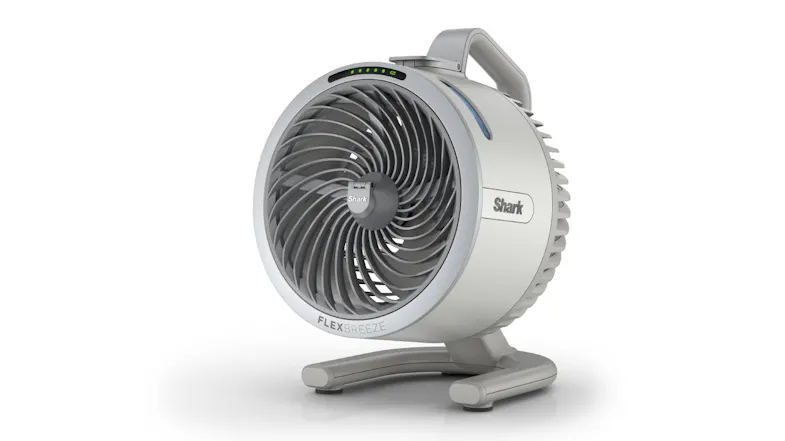 A front-side view of a fan with a ‘Shark’ logo A front-side view of a fan with a ‘Shark’ logo