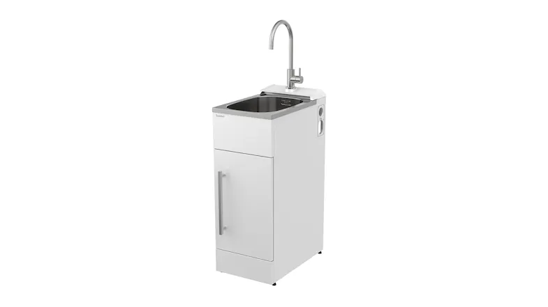 Angled side view of laundry tub showing stainless steel sink, curved faucet, and cabinet Angled side view of laundry tub showing stainless steel sink, curved faucet, and cabinet