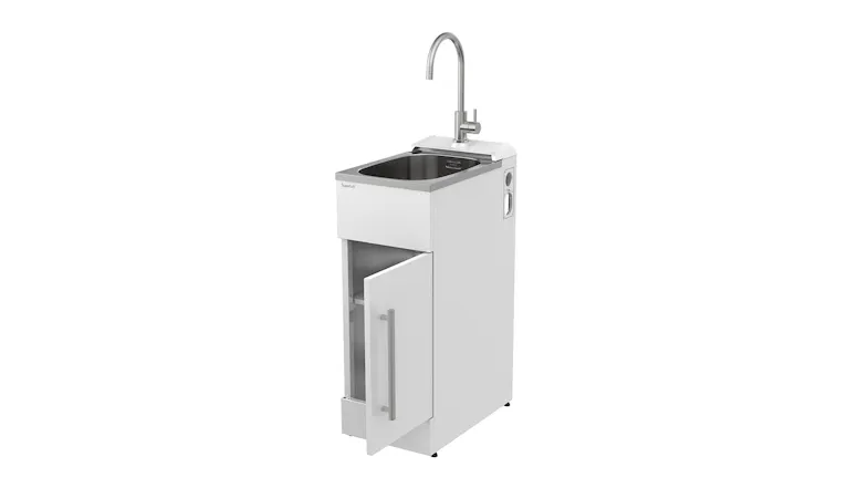Angled view of utility tub with cabinet door partially open, revealing storage space Angled view of utility tub with cabinet door partially open, revealing storage space