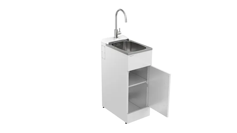 Angled view of laundry tub with cabinet door fully open, showing two internal shelves Angled view of laundry tub with cabinet door fully open, showing two internal shelves