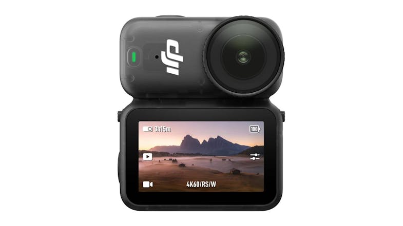 Front view of a black DJI Osmo Nano 4K 64GB action camera showing a landscape scene on the screen Front view of a black DJI Osmo Nano 4K 64GB action camera showing a landscape scene on the screen