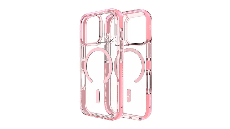 A front view of two clear pink phone cases side by side A front view of two clear pink phone cases side by side