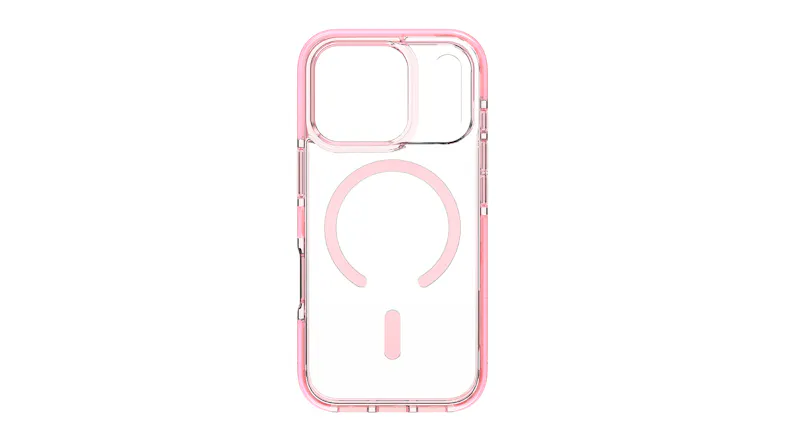Back view of a phone case with a pink MagSafe ring Back view of a phone case with a pink MagSafe ring
