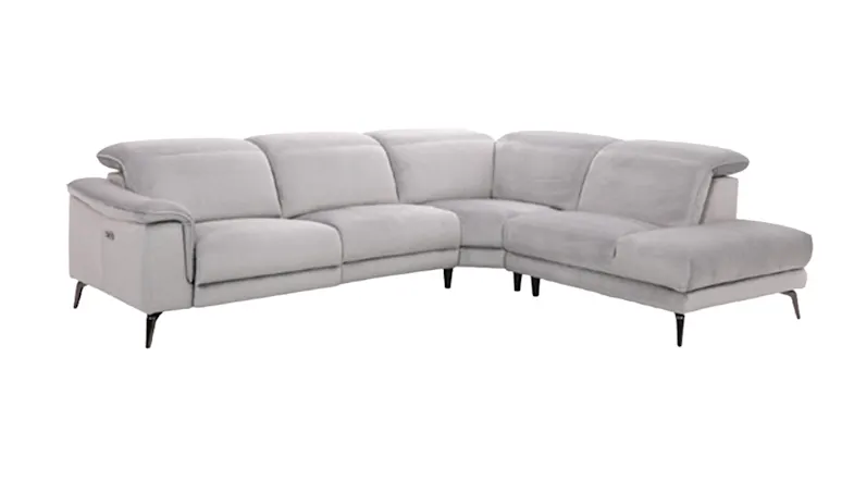 Modern grey reclining sofa with manual headrests and an extended chaise at the end Modern grey reclining sofa with manual headrests and an extended chaise at the end