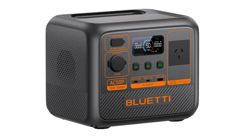 Side view of the Bluetti AC50P showing ports and display with an orange “BLUETTI” logo Side view of the Bluetti AC50P showing ports and display with an orange “BLUETTI” logo