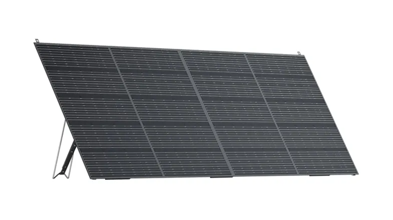 A large Bluetti PV420 solar panel tilted on a metal stand for outdoor solar charging A large Bluetti PV420 solar panel tilted on a metal stand for outdoor solar charging