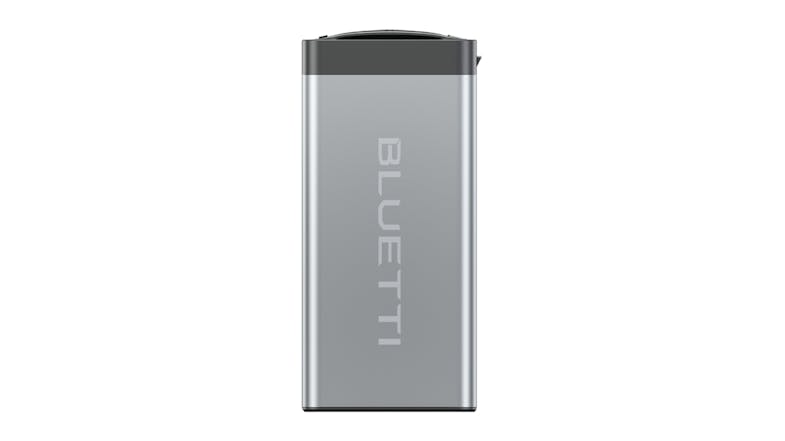 Silver rectangular BLUETTI modular battery pack with brand name printed vertically in the centre Silver rectangular BLUETTI modular battery pack with brand name printed vertically in the centre