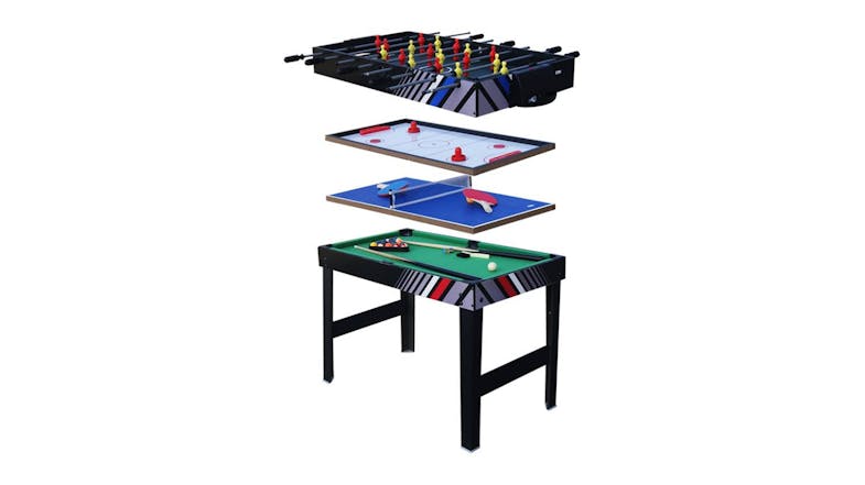 An expanded multi-function game table showcasing the foosball, air hockey, table tennis, and a billiards A 4-in-1 fo An expanded multi-function game table showcasing the foosball, air hockey, table tennis, and a billiards A 4-in-1 fo