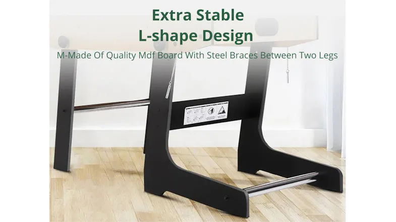 An L-shaped foosball table design with MDF board and steel braces An L-shaped foosball table design with MDF board and steel braces