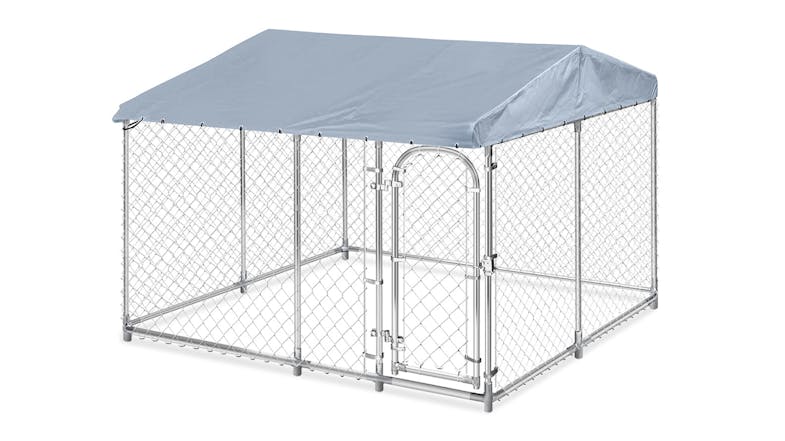 A dog run with a roof and a metal frame A dog run with a roof and a metal frame