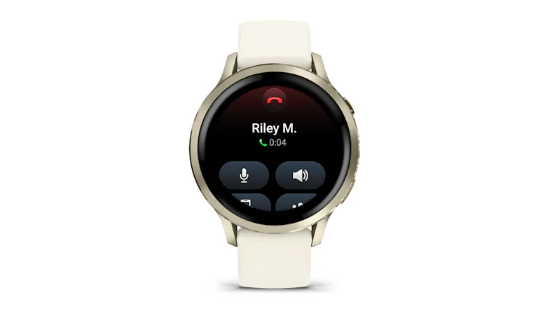 A front view of the Venu 4 Smartwatch showing an active call A front view of the Venu 4 Smartwatch showing an active call