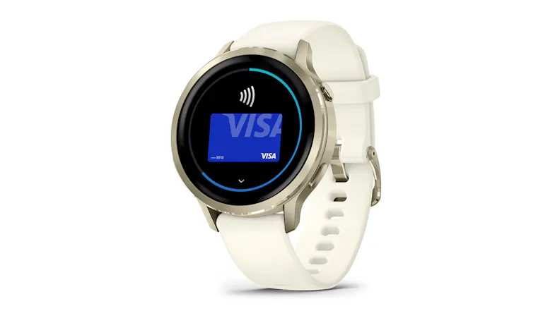 A front left-side view of the Garmin Smartwatch showing VISA tap-to-pay A front left-side view of the Garmin Smartwatch showing VISA tap-to-pay