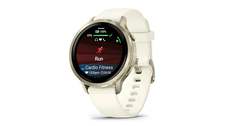 A front left-side view of the Garmin Smartwatch showing bpm cardio run A front left-side view of the Garmin Smartwatch showing bpm cardio run