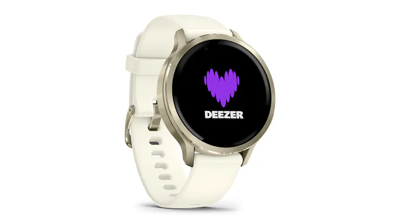 A front right-side view of the Garmin Venu 4 Smartwatch showing the Deezer logo in purple A front right-side view of the Garmin Venu 4 Smartwatch showing the Deezer logo in purple