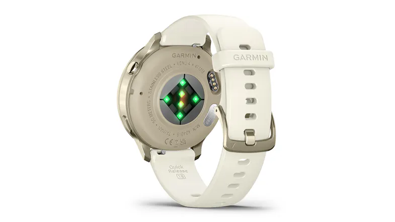 A rear view of the lunar gold smartwatch with a bone silicone band A rear view of the lunar gold smartwatch with a bone silicone band