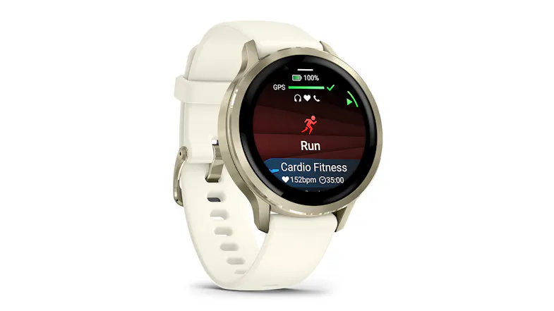 A front right-side view of the Garmin Venu 4 Smartwatch showing cardio fitness A front right-side view of the Garmin Venu 4 Smartwatch showing cardio fitness